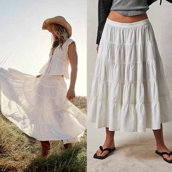 Free People In Full Swing Midi Skirt Tiered Peasant Ivory White Cotton NEW Small - Picture 3 of 13
